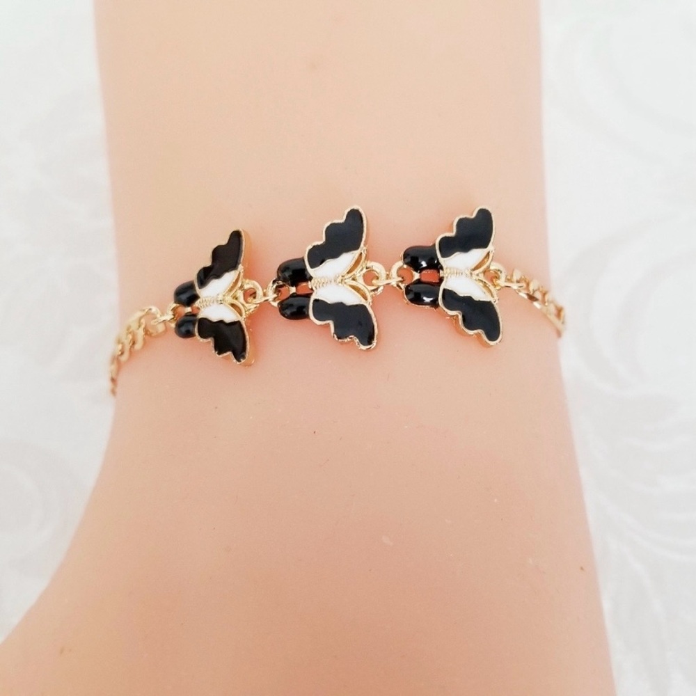 14K Gold Plated Elegant black and white Butterfly Bracelet. New